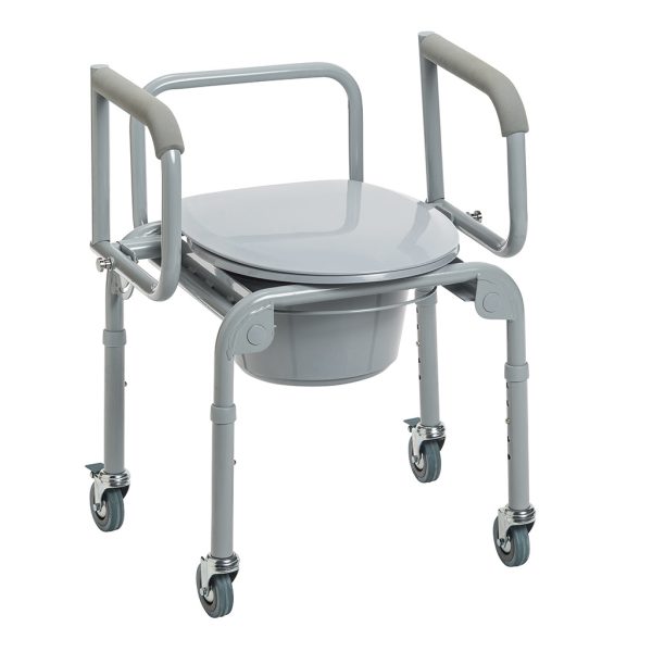 Steel Drop-Arm Commode with Wheels and Padded Armrests Image
