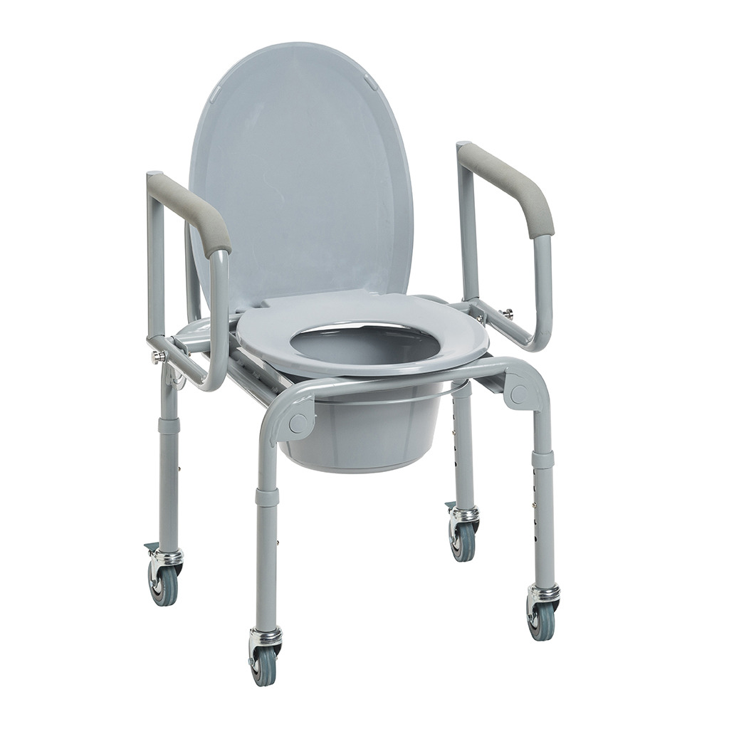 Steel Drop-Arm Commode with Wheels and Padded Armrests